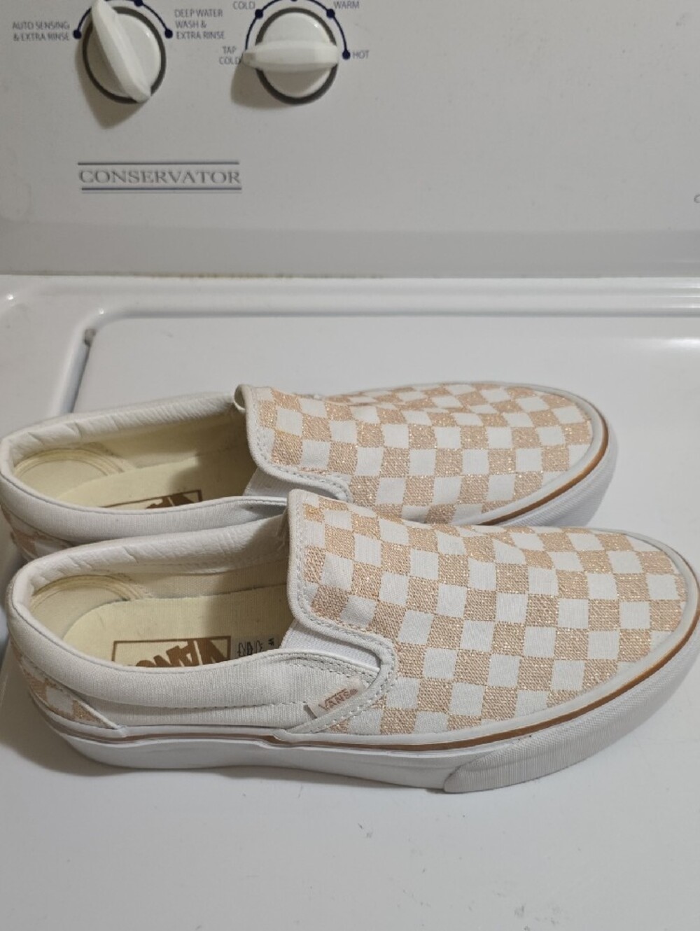 Woman Vans Slip-On Checkerboard Sneakers in Beige and White - Picture 2 of 7